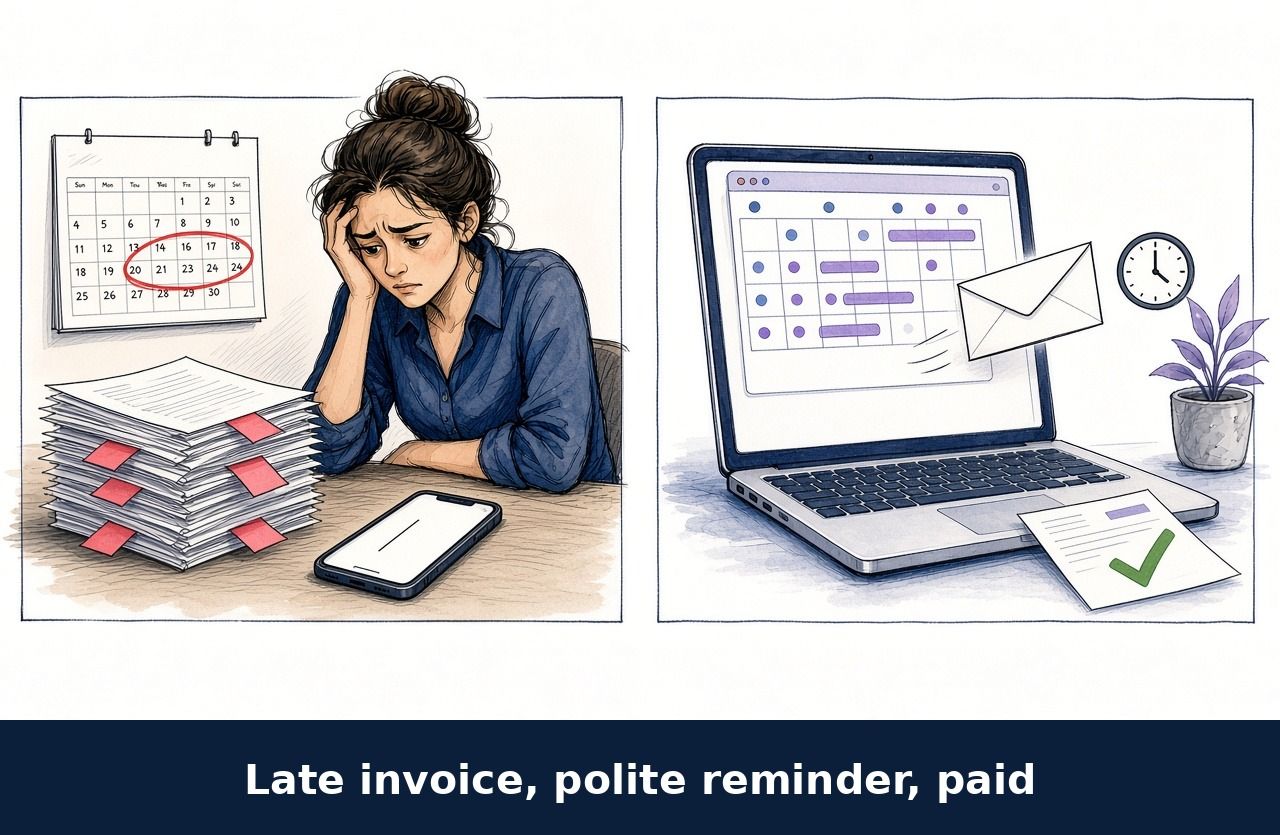 Sketch of a worried owner beside a stack of unpaid invoices and a circled calendar, next to a laptop sending a scheduled reminder and an invoice marked paid